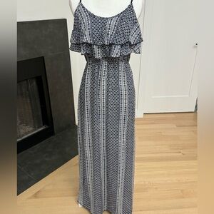 Womens spaghetti strap ruffle maxi dress white blue print
